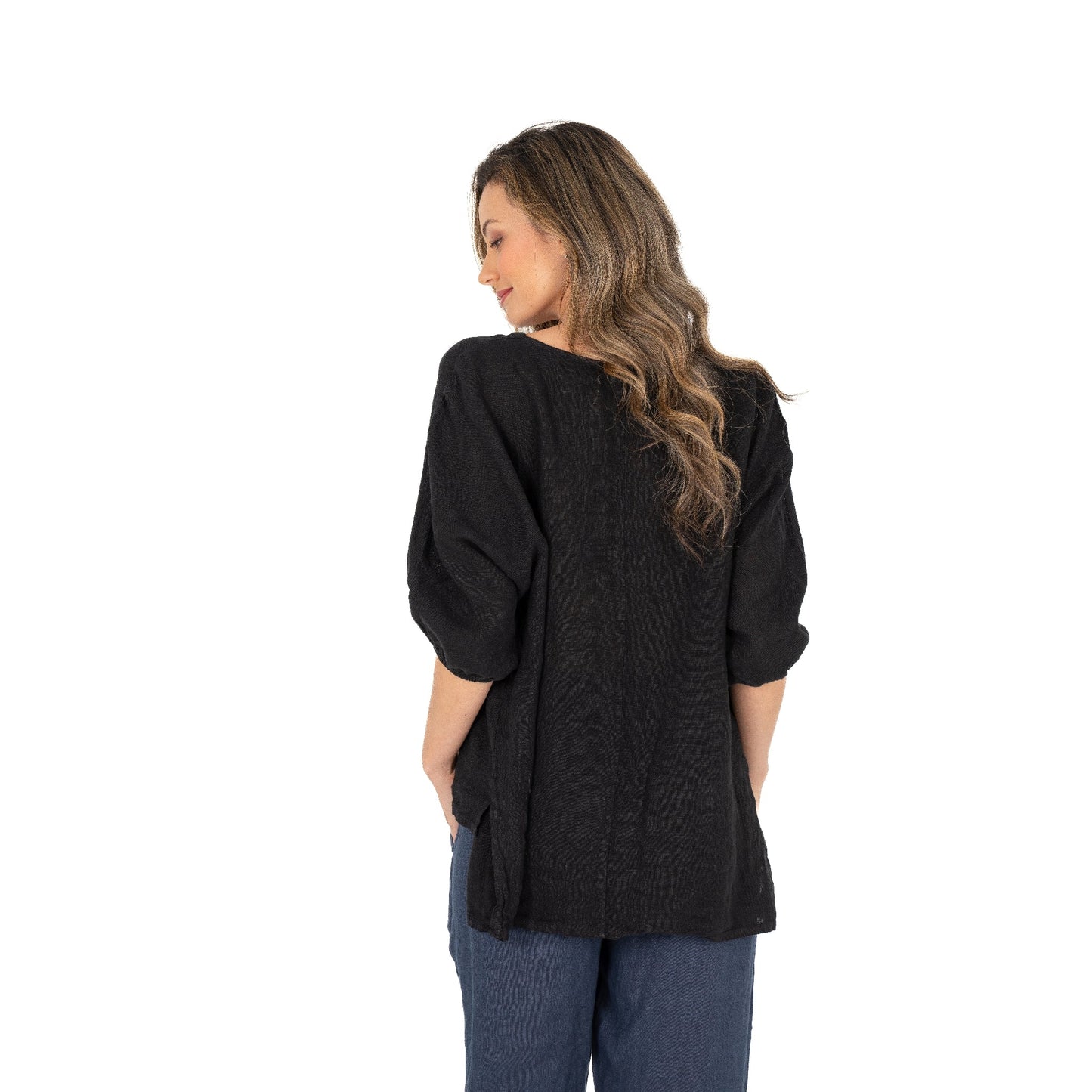 M MADE IN ITALY WOVEN TOP WITH 3/4 SLEEVE IN BLACK
