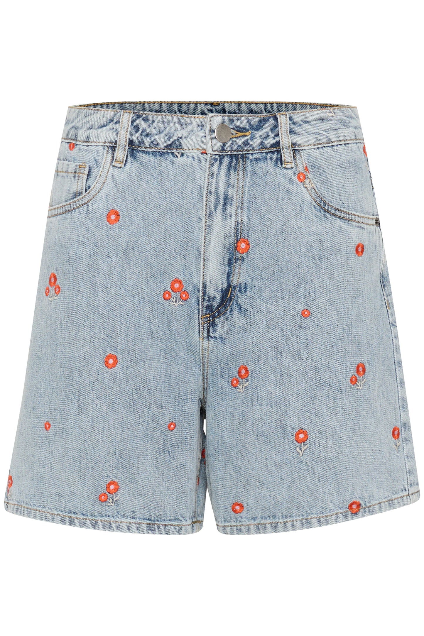 KAFFE BABETH SHORTS IN BLUE DENIM TEAL W/ RED EMBROIDERED FLOWERS