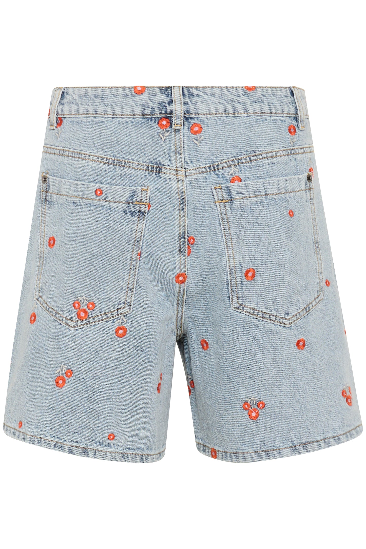 KAFFE BABETH SHORTS IN BLUE DENIM TEAL W/ RED EMBROIDERED FLOWERS