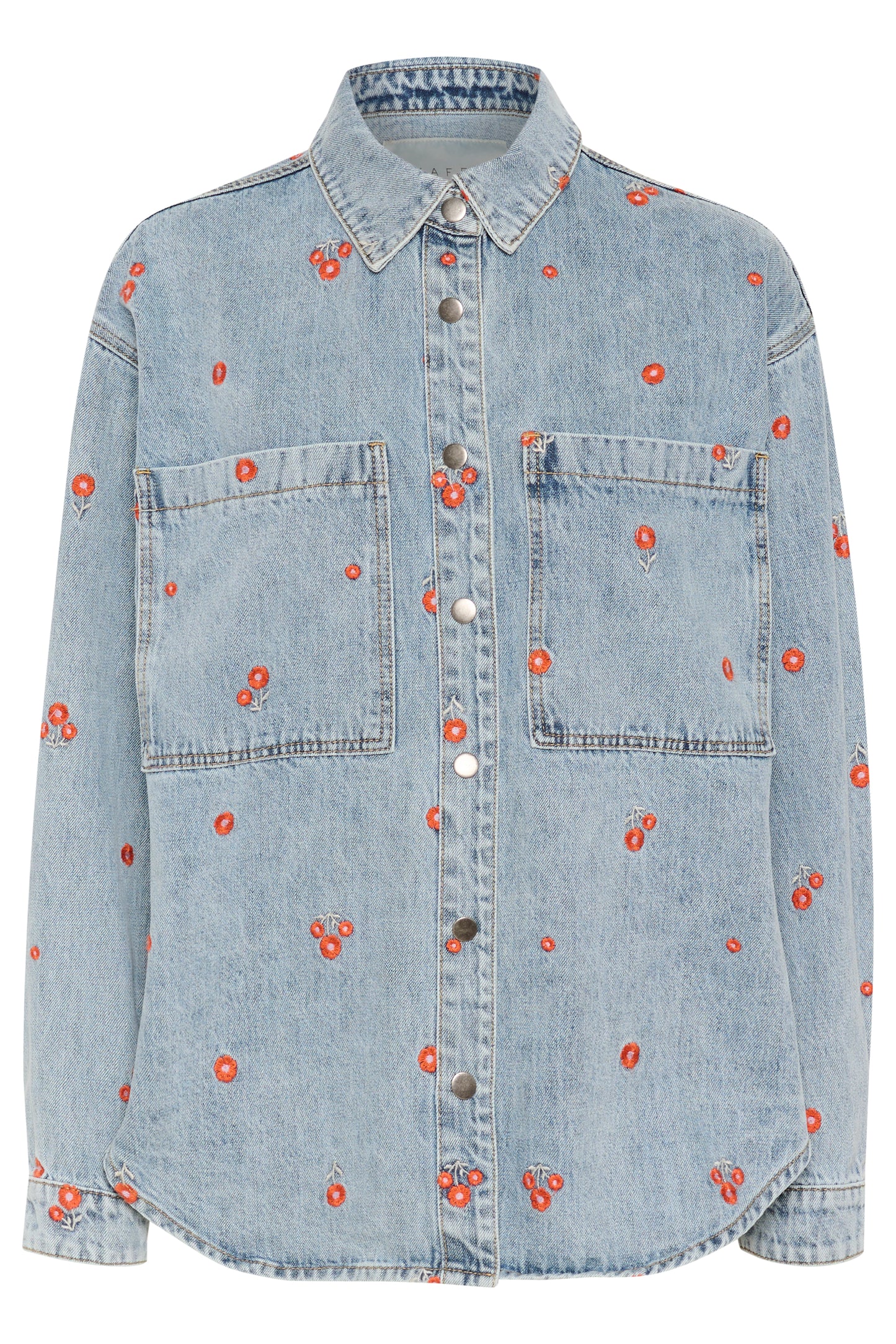 KAFFE BABETH DENIM JACKET IN BLUE DENIM TEAL W/ RED EMBROIDERED FLOWERS