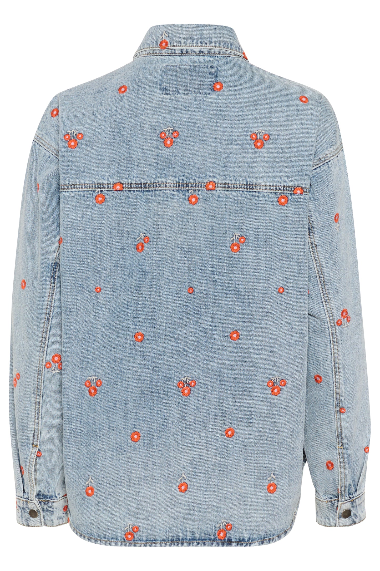 KAFFE BABETH DENIM JACKET IN BLUE DENIM TEAL W/ RED EMBROIDERED FLOWERS