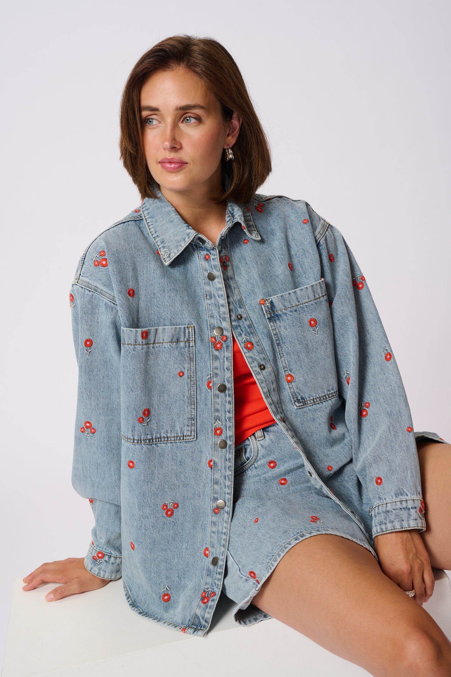 KAFFE BABETH DENIM JACKET IN BLUE DENIM TEAL W/ RED EMBROIDERED FLOWERS