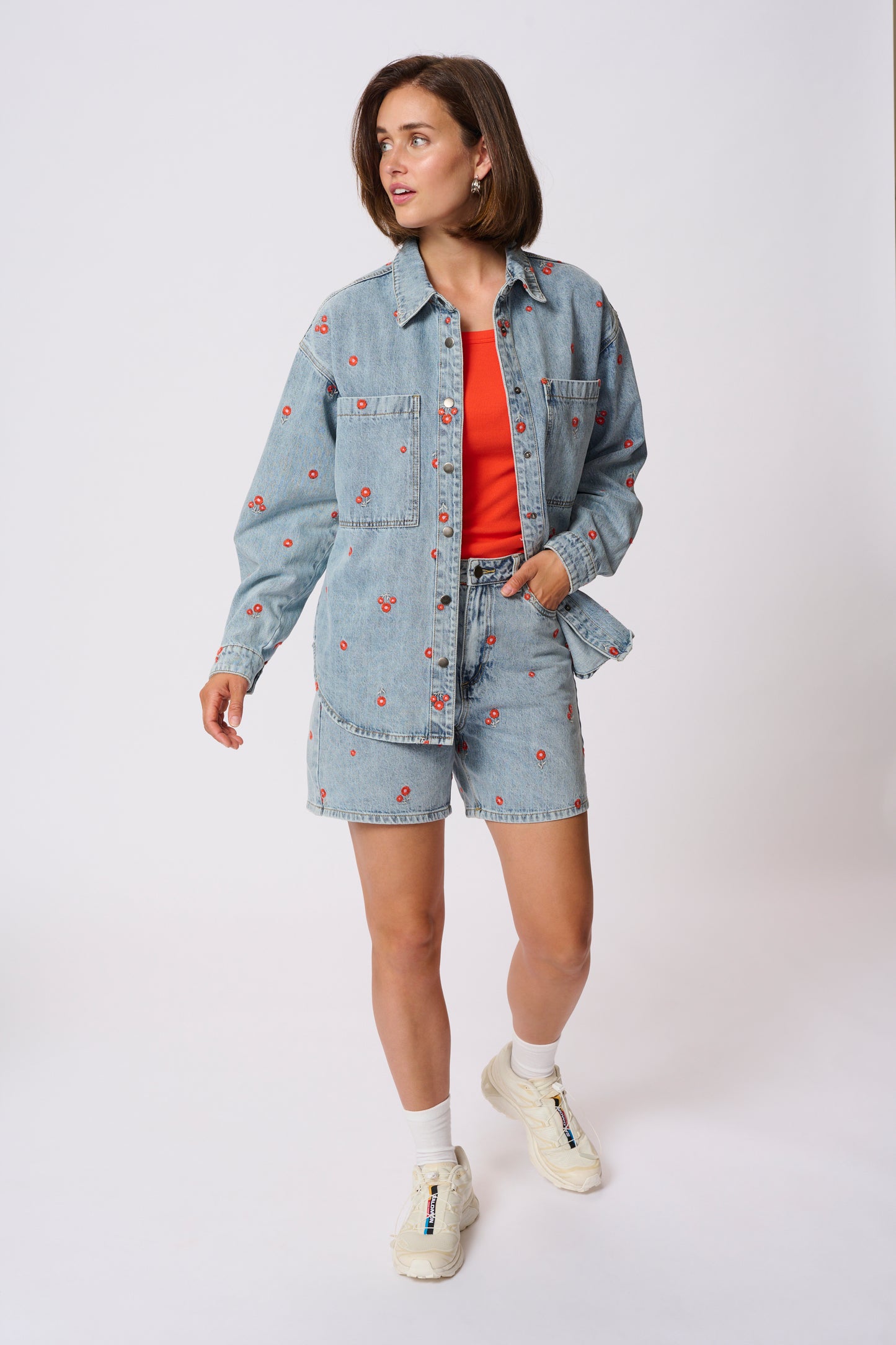 KAFFE BABETH DENIM JACKET IN BLUE DENIM TEAL W/ RED EMBROIDERED FLOWERS