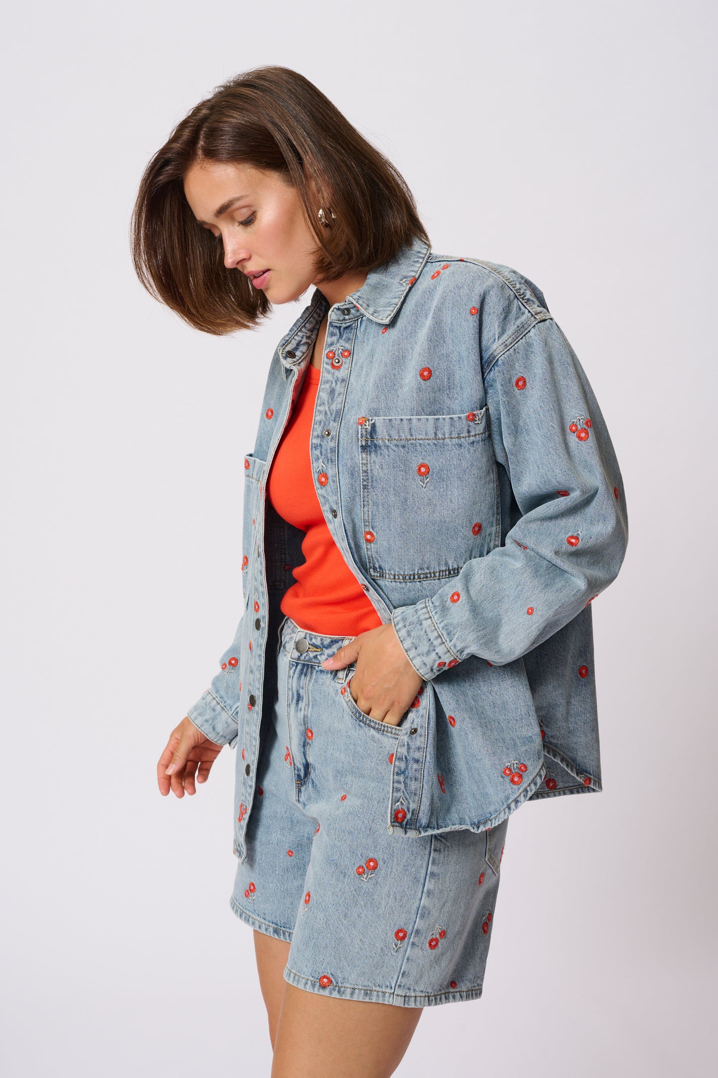 KAFFE BABETH DENIM JACKET IN BLUE DENIM TEAL W/ RED EMBROIDERED FLOWERS