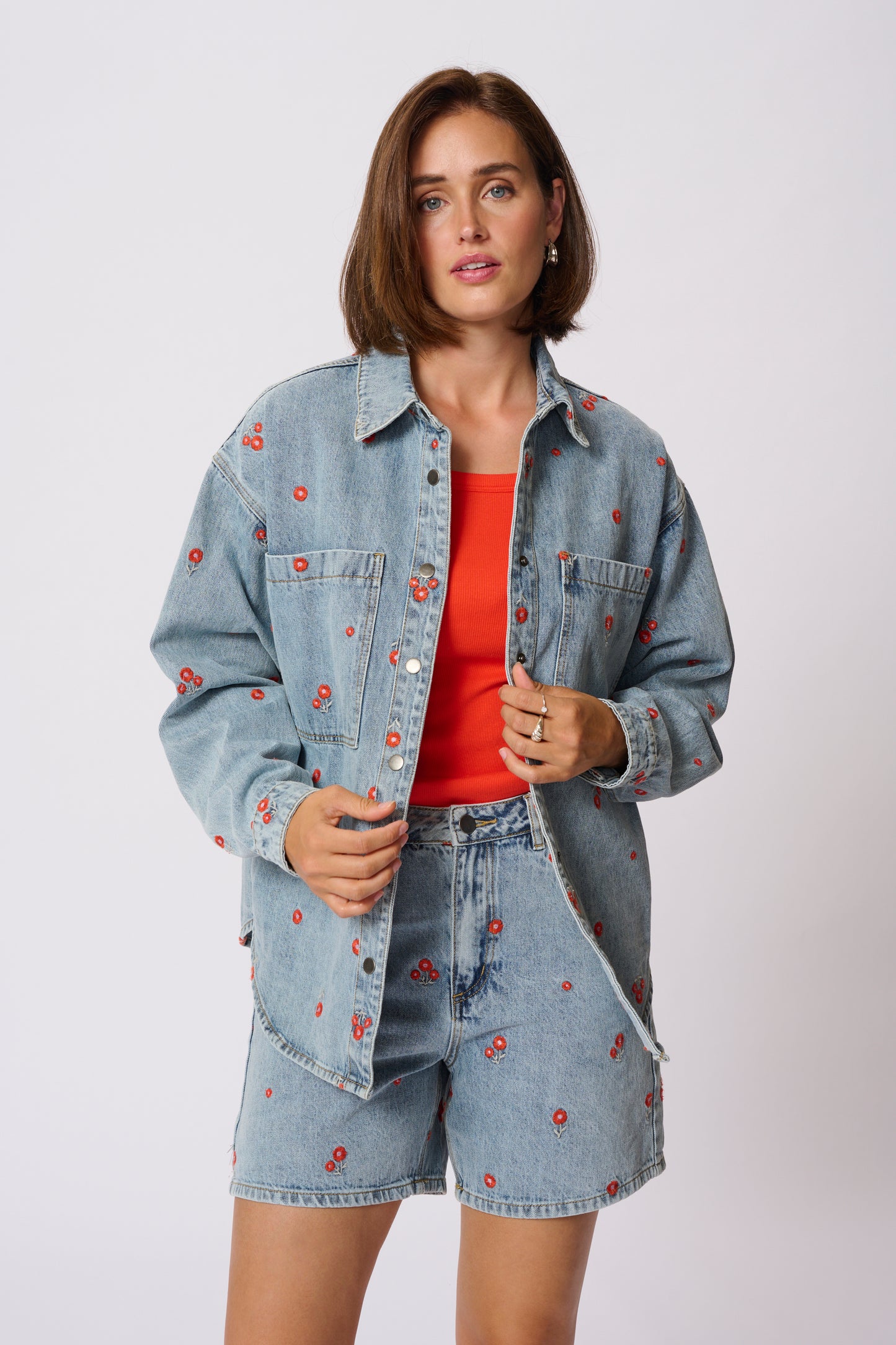 KAFFE BABETH DENIM JACKET IN BLUE DENIM TEAL W/ RED EMBROIDERED FLOWERS