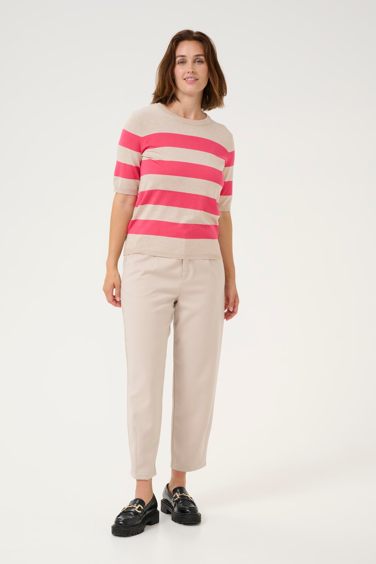 KAFFE LIZZA STRIPED KNIT IN RASBERRY AND FEATHER GREY BOLD STRIPE