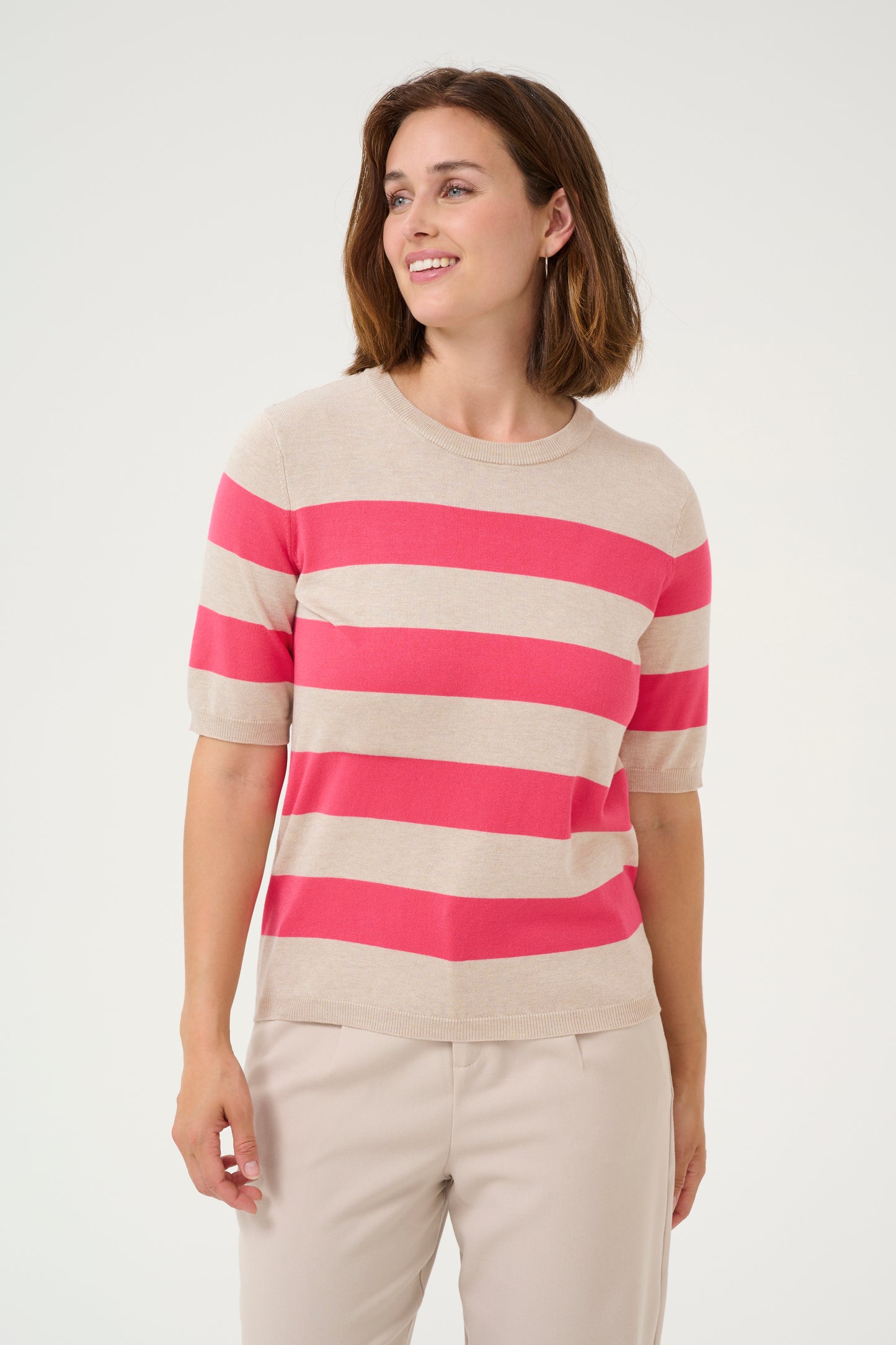 KAFFE LIZZA STRIPED KNIT IN RASBERRY AND FEATHER GREY BOLD STRIPE