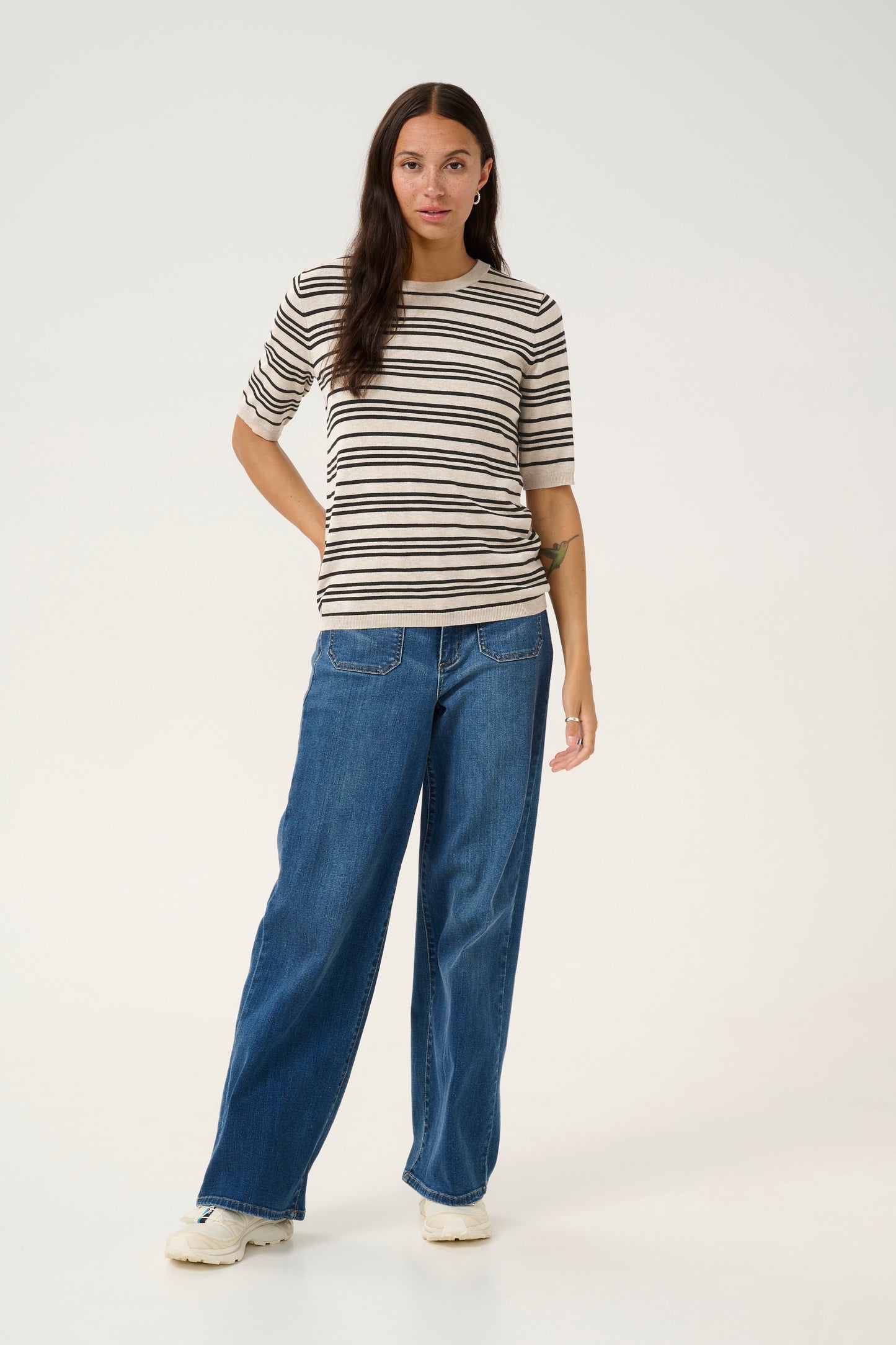 KAFFE LIZZA STRIPED KNIT IN BLACK AND FEATHER GREY STRIPE