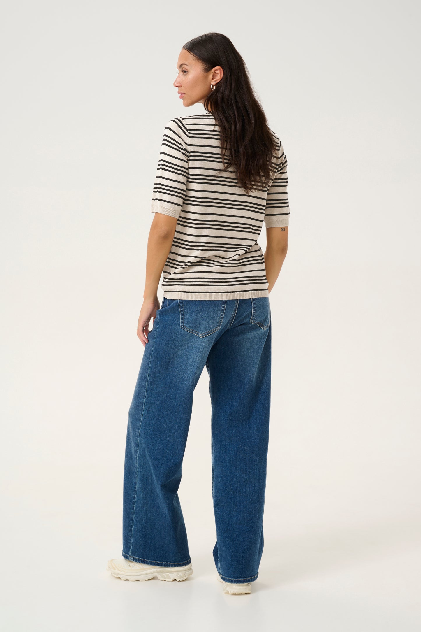 KAFFE LIZZA STRIPED KNIT IN BLACK AND FEATHER GREY STRIPE