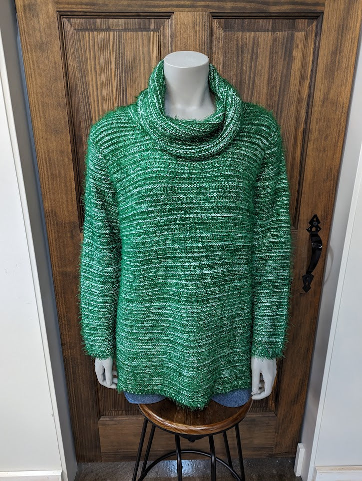 MARBLE KELLY GREEN EYELASH COWL NECK SWEATER