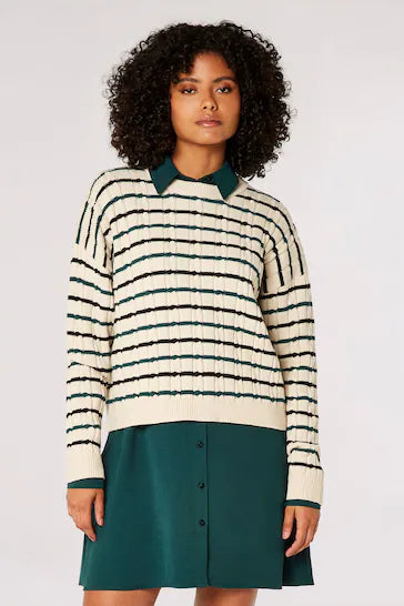APRICOT TWO COLOUR STRIPE ARAN DETAIL BOXY SWEATER