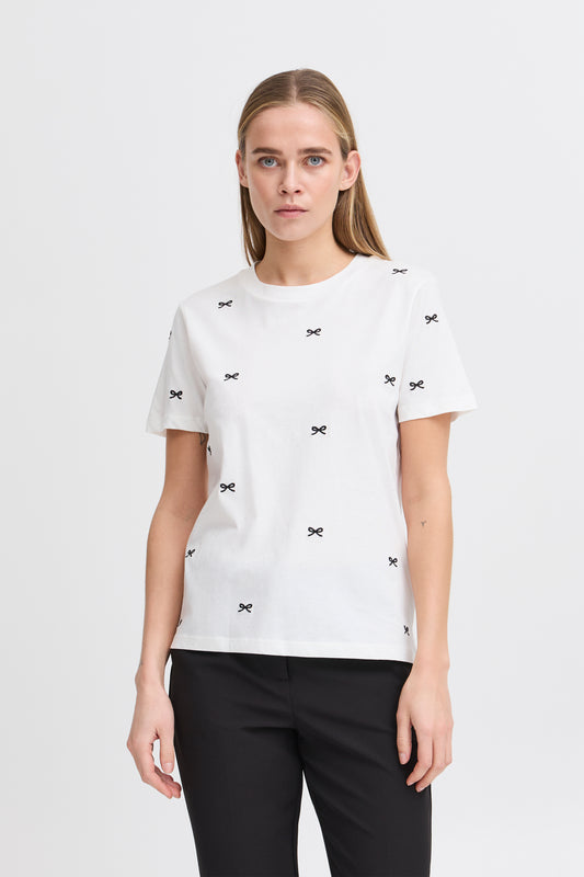 ICHI CAMINO SHORT SLEEVE T-SHIRT WITH BOW DETAIL IN CLOUD DANCER