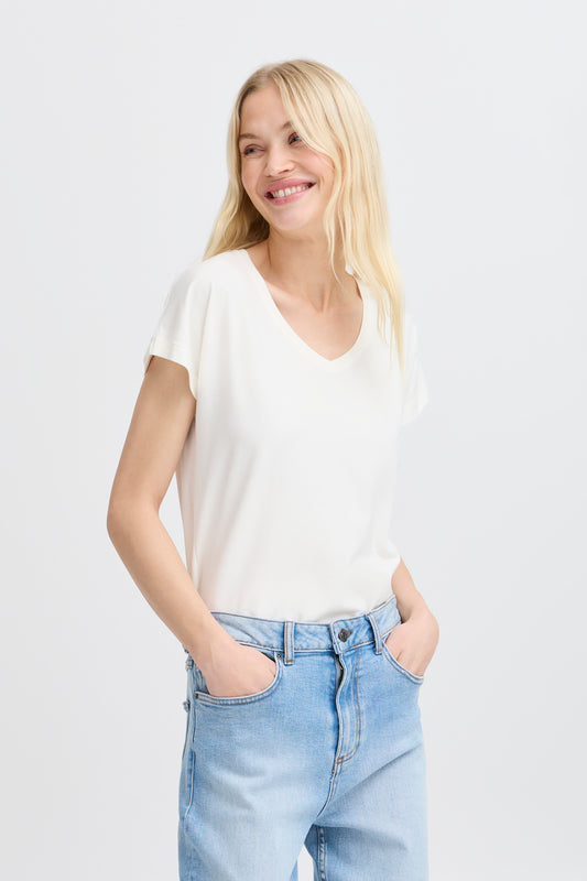 B.YOUNG PAMILA V-NECK T-SHIRT IN OFF-WHITE