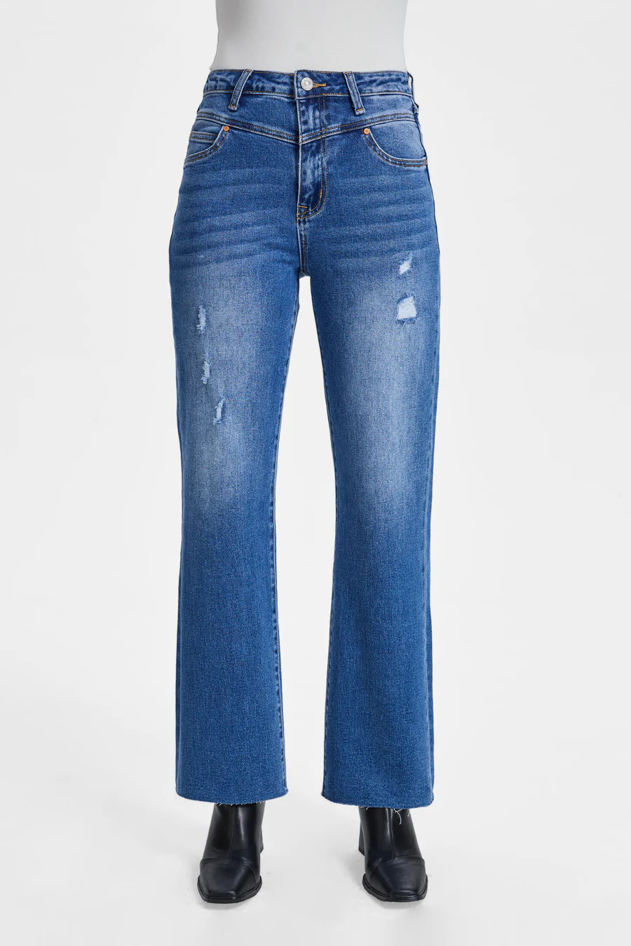 BAYEAS HIGH WAIST WIDE STRAIGHT LEG DENIM JEANS IN MEDIUM BLUE
