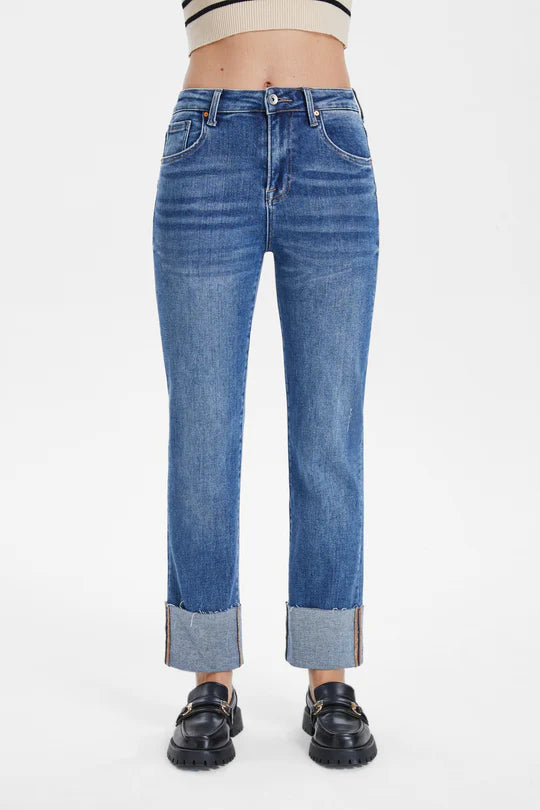 BAYEAS HIGH RISE STRAIGHT LEG DENIM JEANS WITH ROLLED HEM IN SURF BLUE