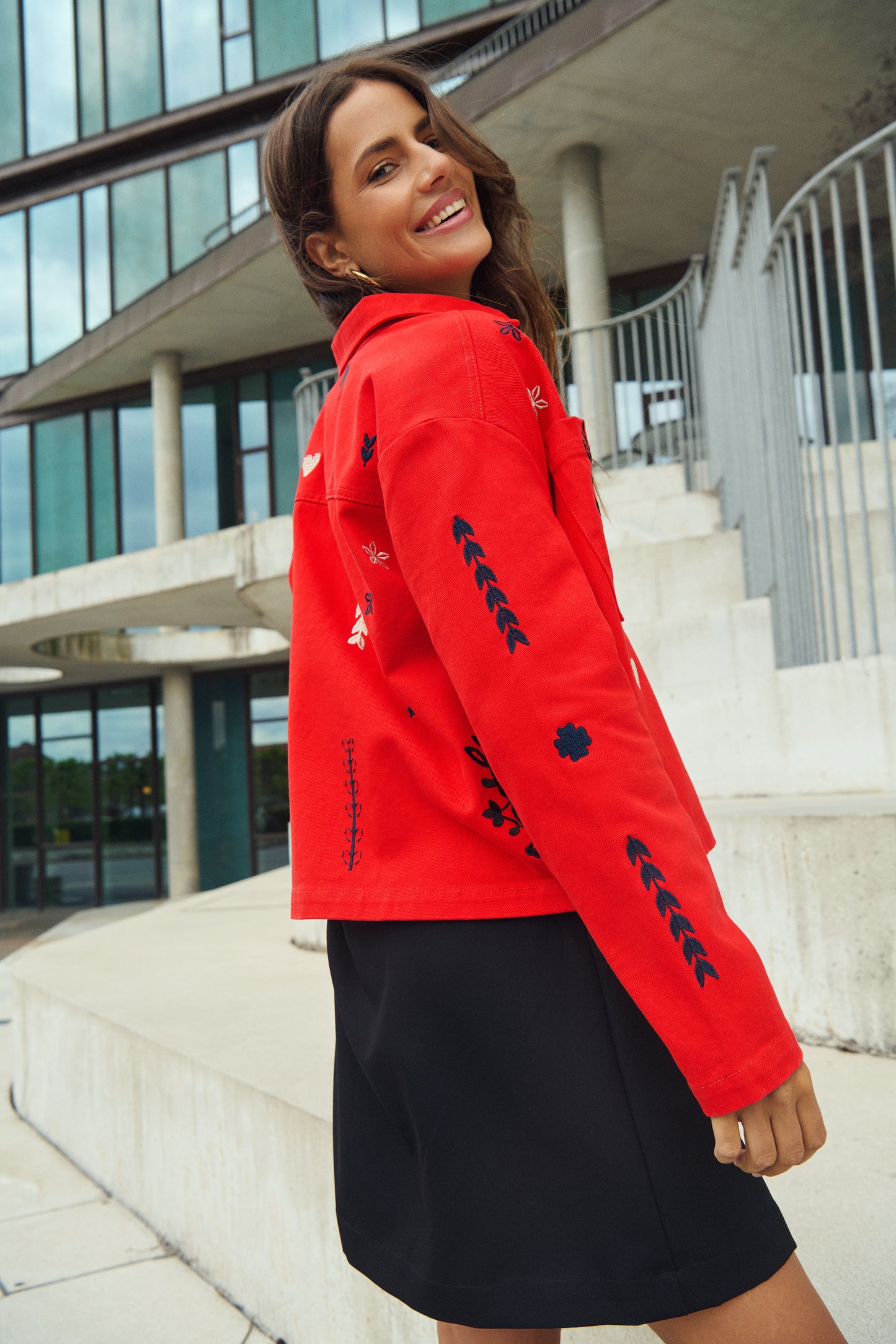 SAINT TROPEZ JEAN EMBROIDERED JACKET IN FLAME SCARLET