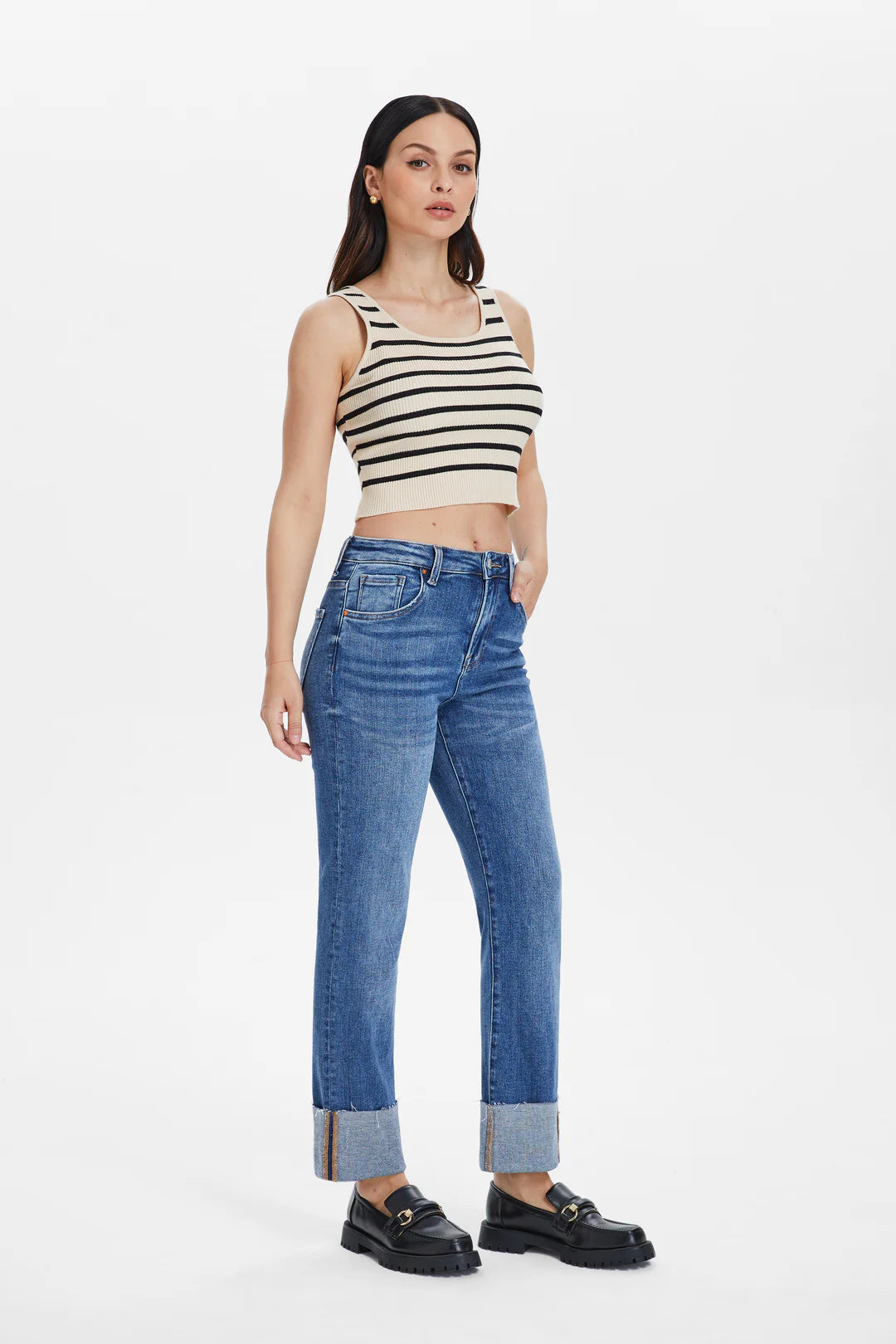 BAYEAS HIGH RISE STRAIGHT LEG DENIM JEANS WITH ROLLED HEM IN SURF BLUE