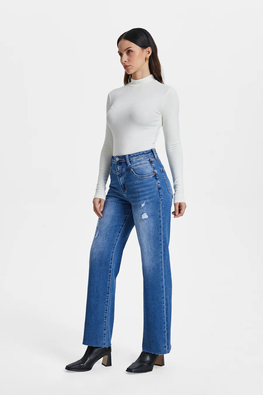 BAYEAS HIGH WAIST WIDE STRAIGHT LEG DENIM JEANS IN MEDIUM BLUE