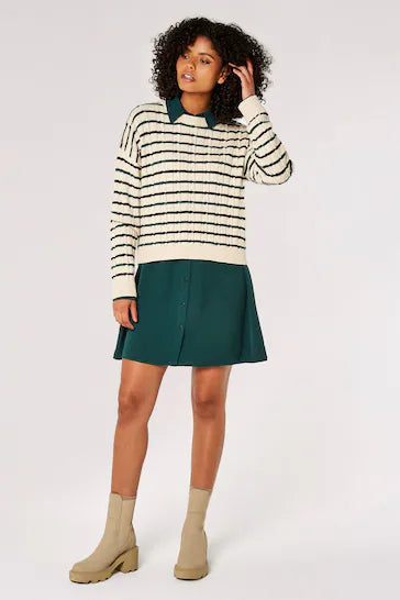 APRICOT TWO COLOUR STRIPE ARAN DETAIL BOXY SWEATER