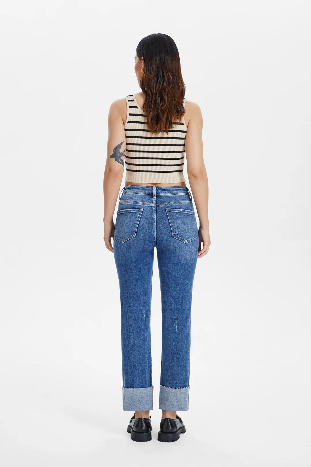 BAYEAS HIGH RISE STRAIGHT LEG DENIM JEANS WITH ROLLED HEM IN SURF BLUE