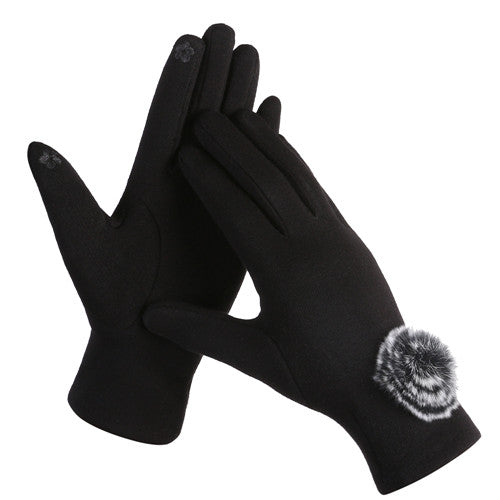 D&W BLACK TOUCH SCREEN GLOVES WITH FUR POM POM