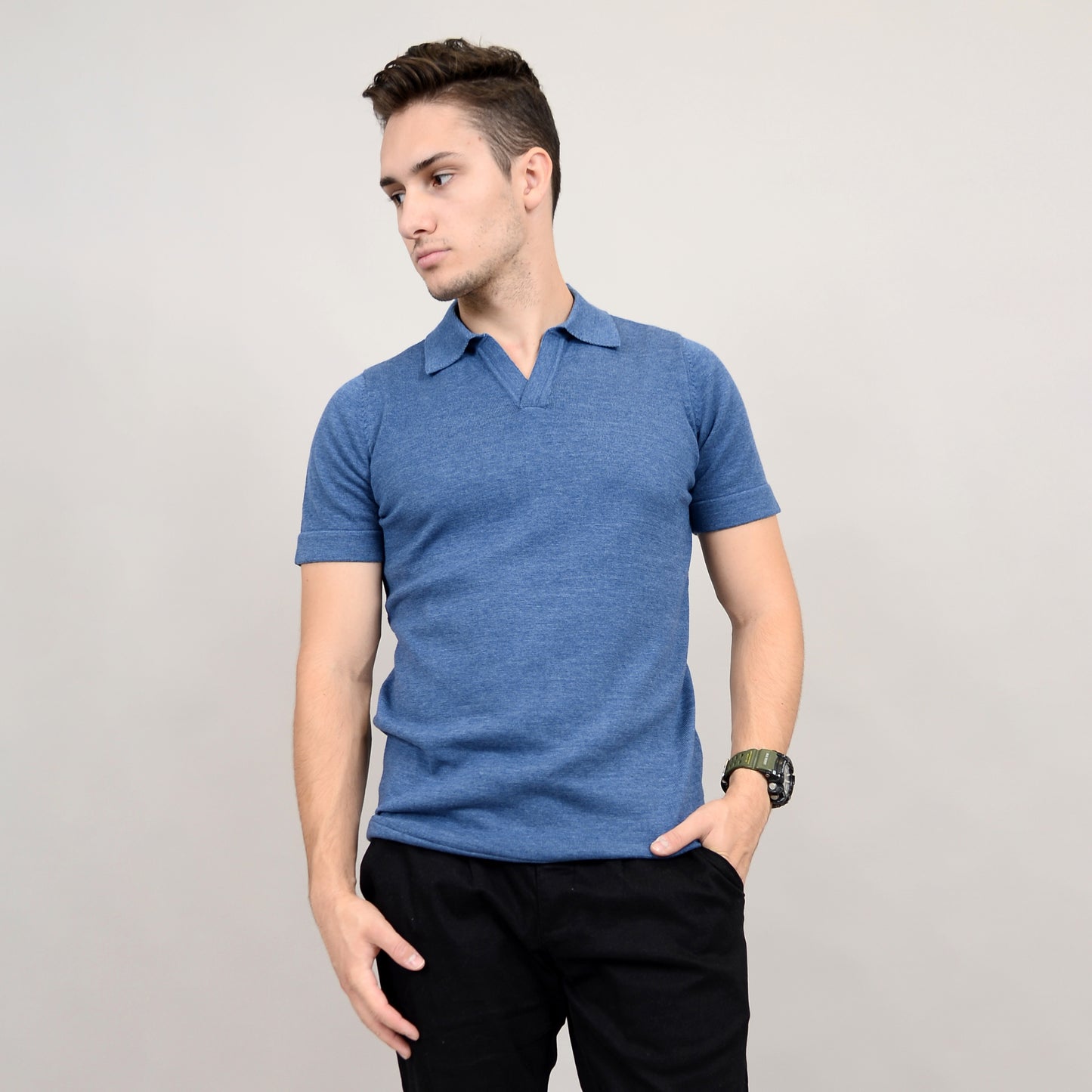 HEDGE JOHNNY COLLAR SWEATER IN INDIGO MELANGE