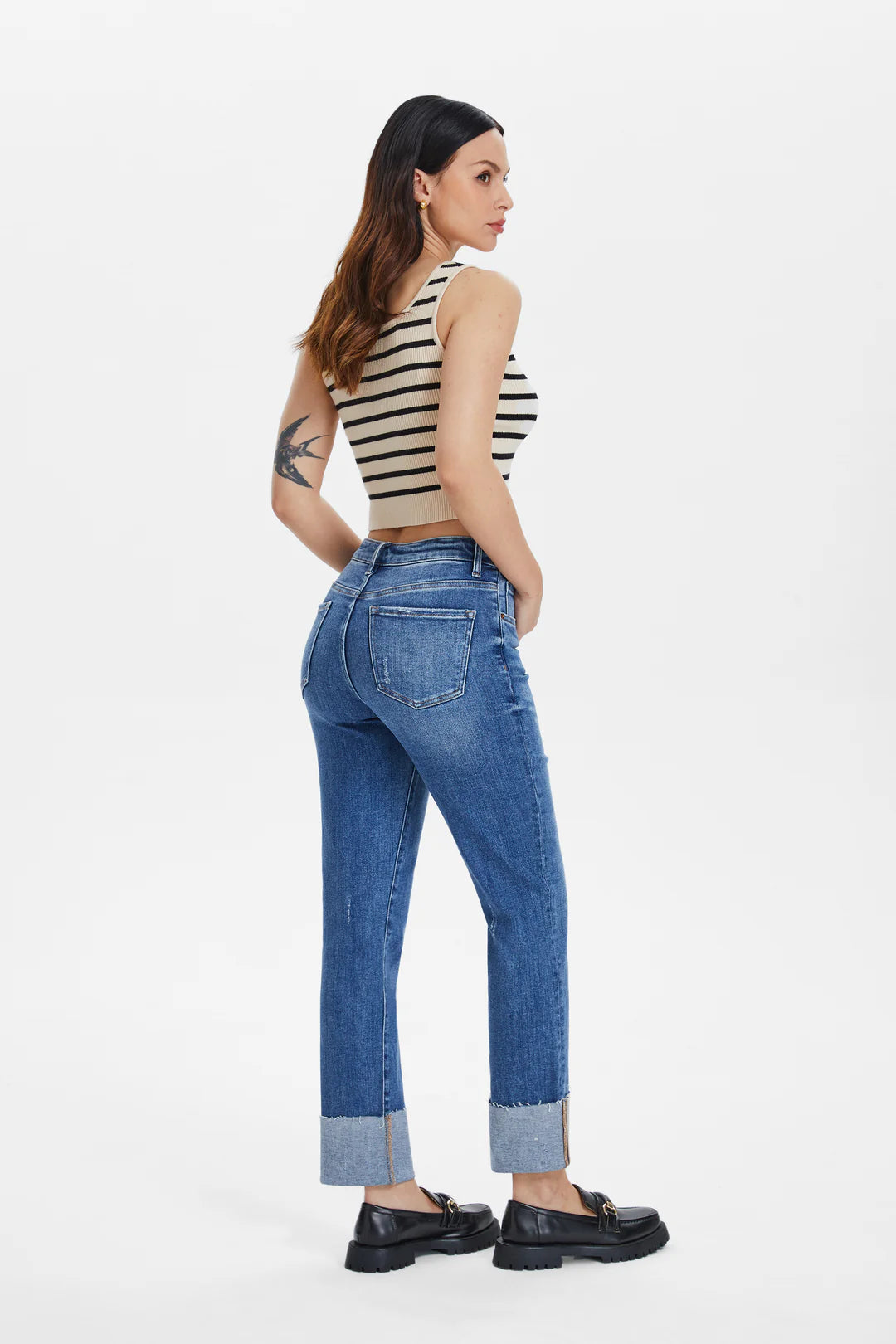 BAYEAS HIGH RISE STRAIGHT LEG DENIM JEANS WITH ROLLED HEM IN SURF BLUE