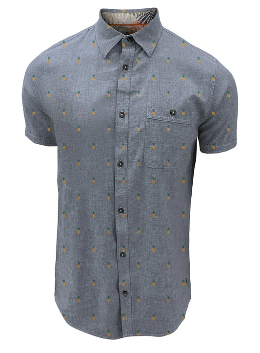 POINT ZERO MEN'S COTTON LINEN PINEAPPLE PRINT SHIRT IN CHAMBRAY