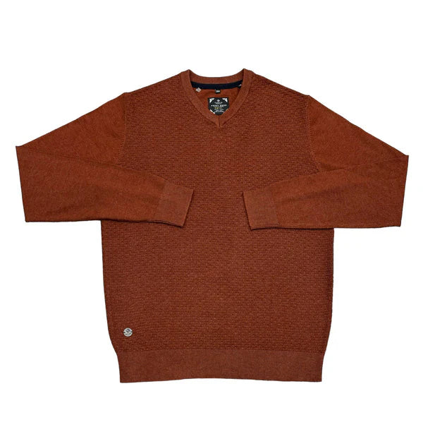 POINT ZERO MEN'S CASHMERE LIKE FINE GAUGE V-NECK POLO SWEATER IN PAPRIKA MIX