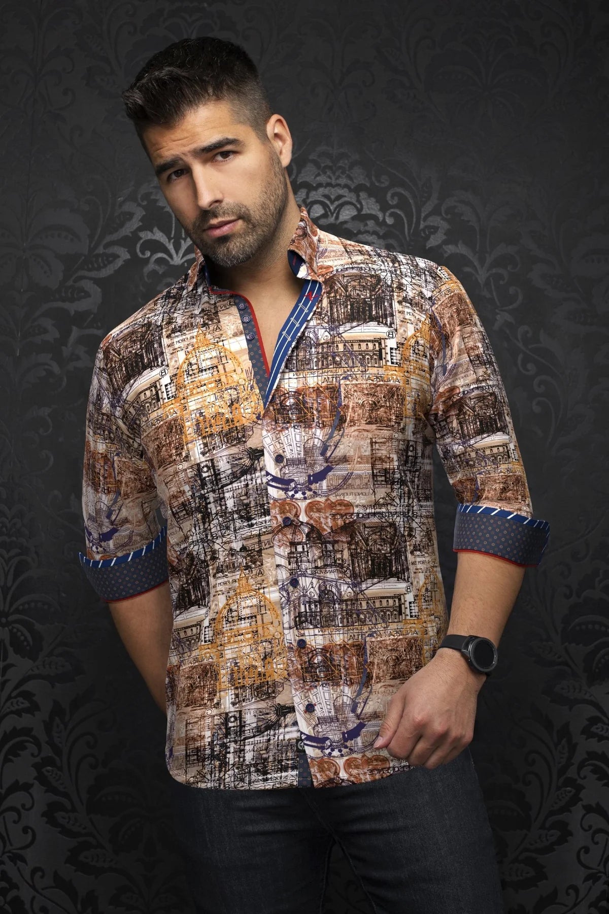 AU NOIR FLORENSIO TOBACCO WOVEN STRETCH SHIRT
