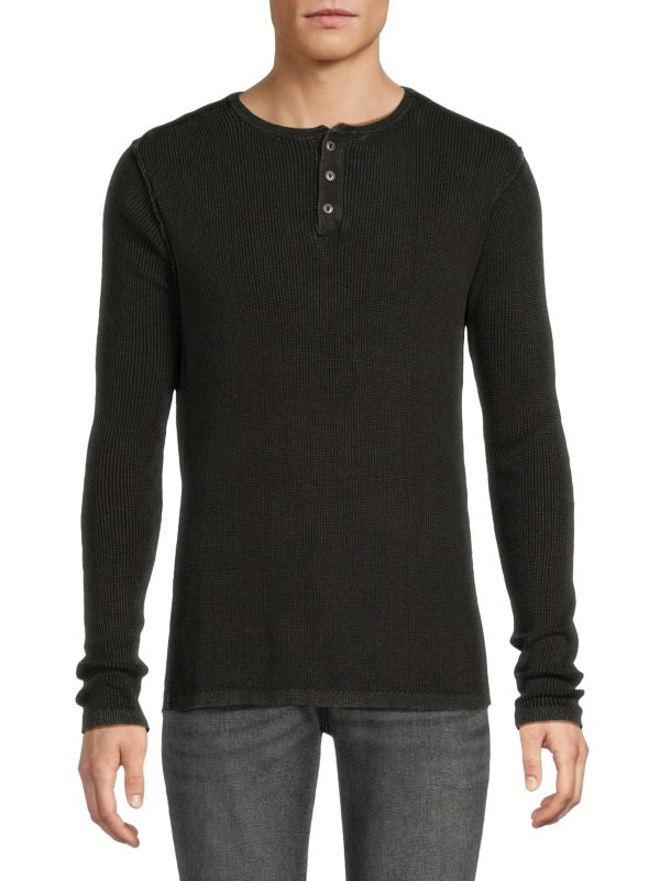 HEDGE BLACK LONGSLEEVE HENLEY SWEATER