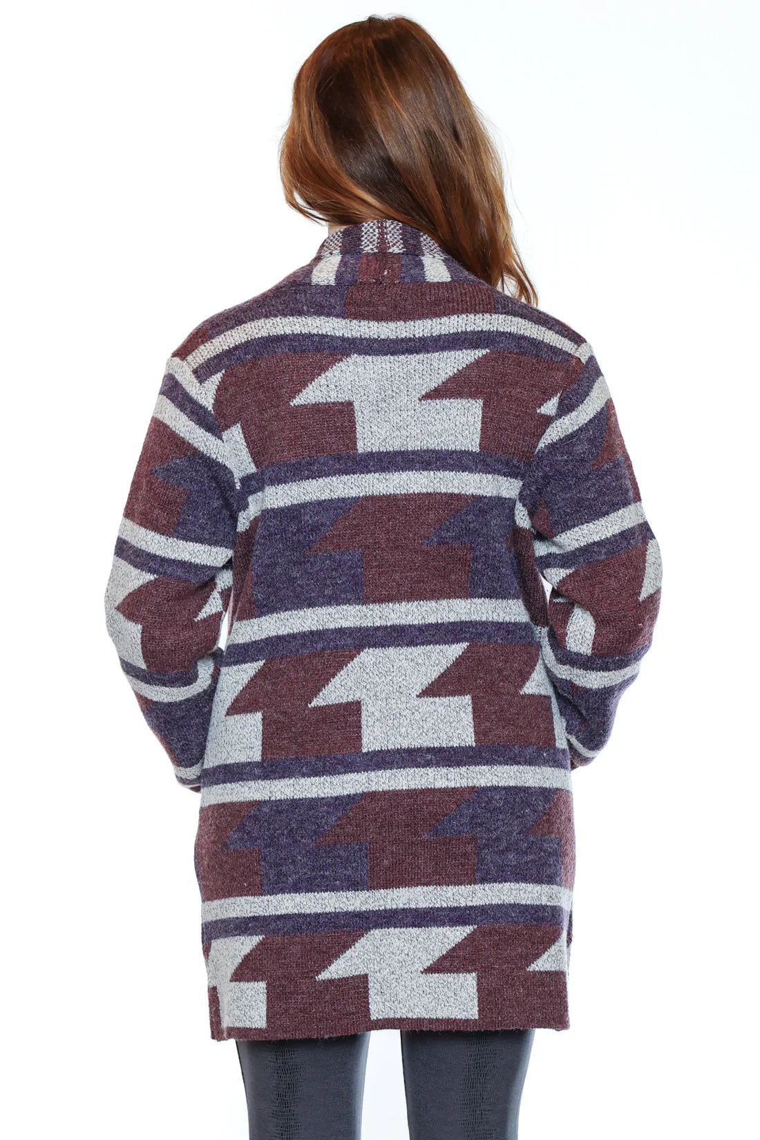 PAPA PATTERNED KNIT LONGLINE CARDIGAN IN MULTI PURPLE