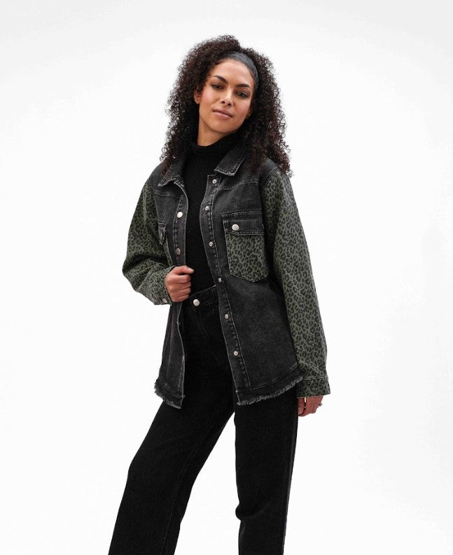 FASHION CONCEPTS KNIT DENIM JACKET IN ARMY LEOPARD