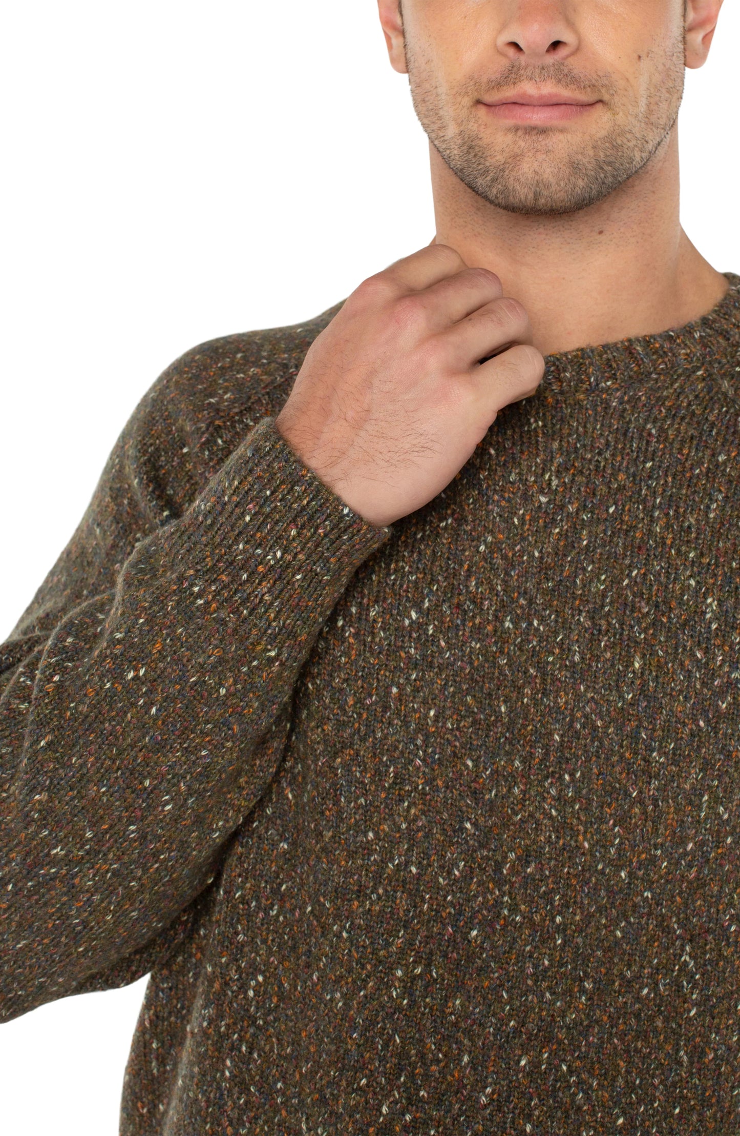 LIVERPOOL MENS CREW NECK RAGLAN SWEATER IN OLIVE MULTI