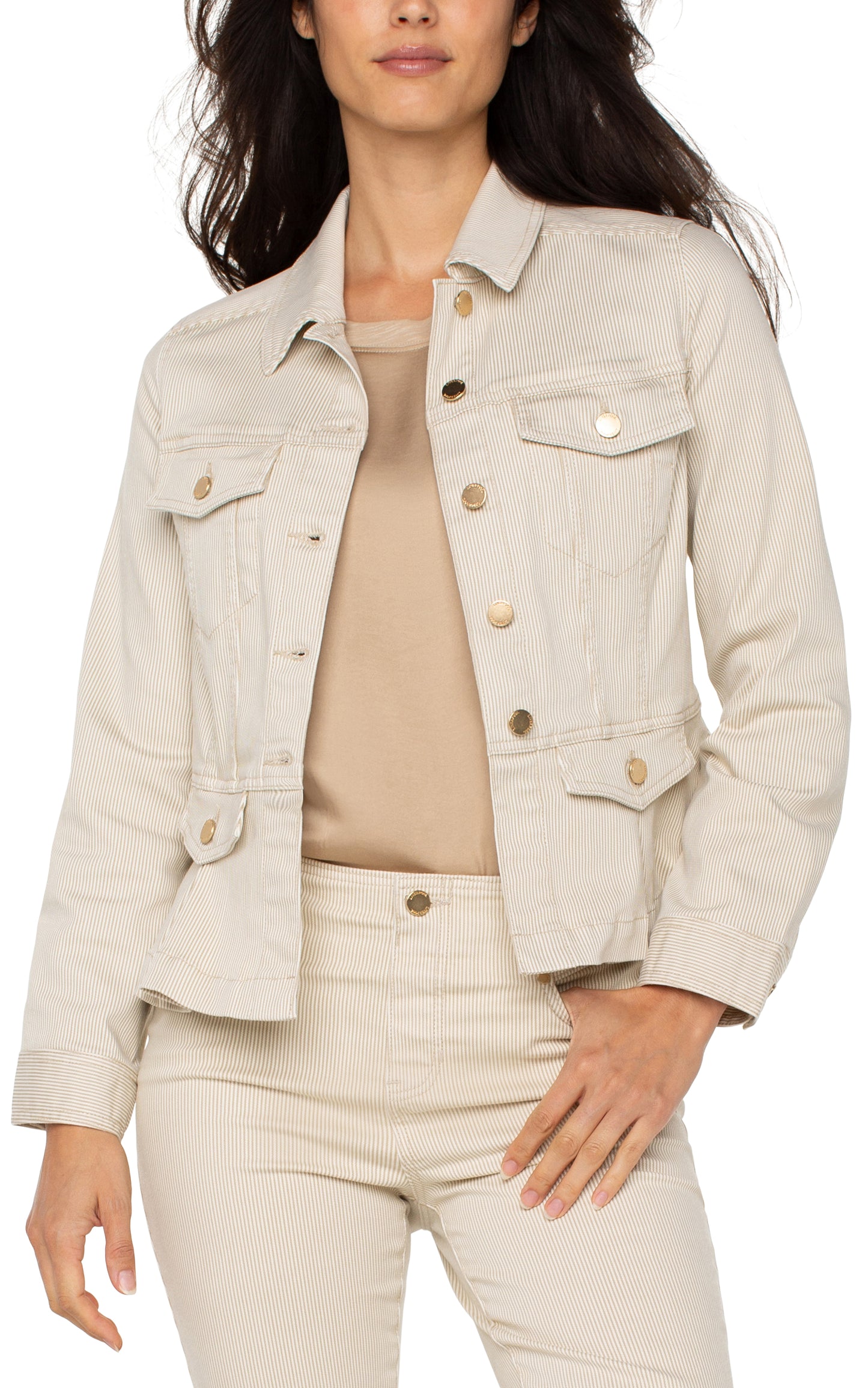 LIVERPOOL PEPLUM STRIPE JACKET IN CAPPUCCINO
