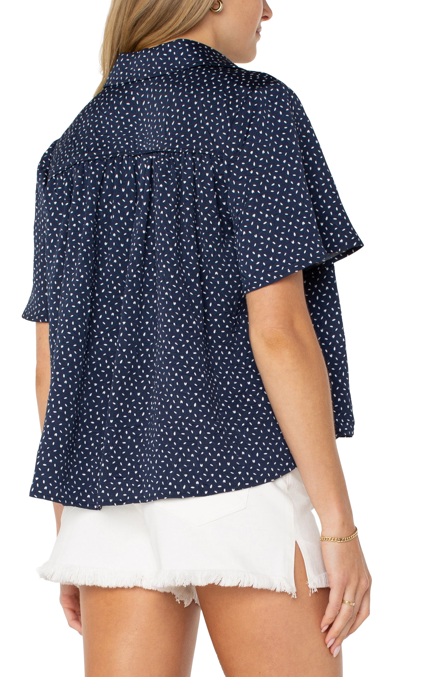 LIVERPOOL HALF SLEEVE BUTTON SHIRRED WOVEN BLOUSE - WHITE/NAVY