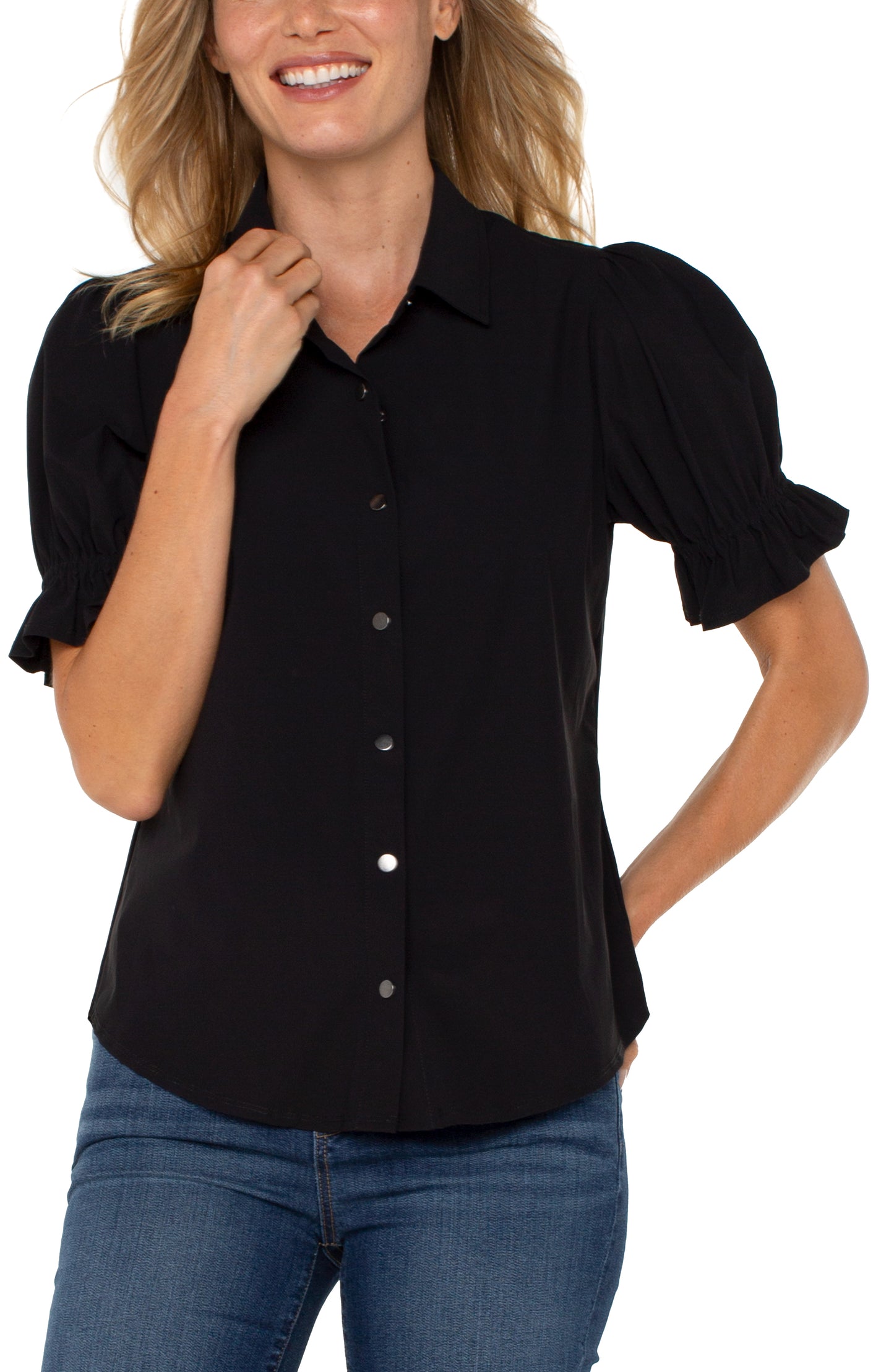 LIVERPOOL ELBOW PUFF SLEEVE SNAP FRONT KNIT SHIRT