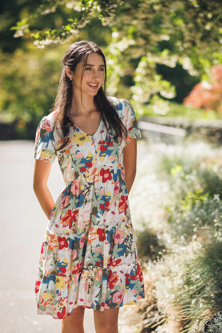 PAPILLON Short Sleeve Tiered Floral Henley Dress