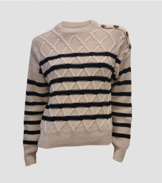 POINT ZERO ALMOND BUTTON SHOULDER STRIPE CABLE SWEATER