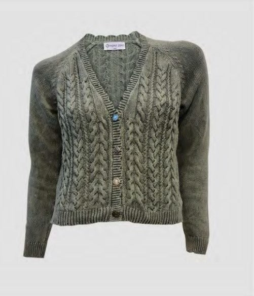 POINT ZERO ARMY GREEN DISTRESSED CABLE CARDIGAN