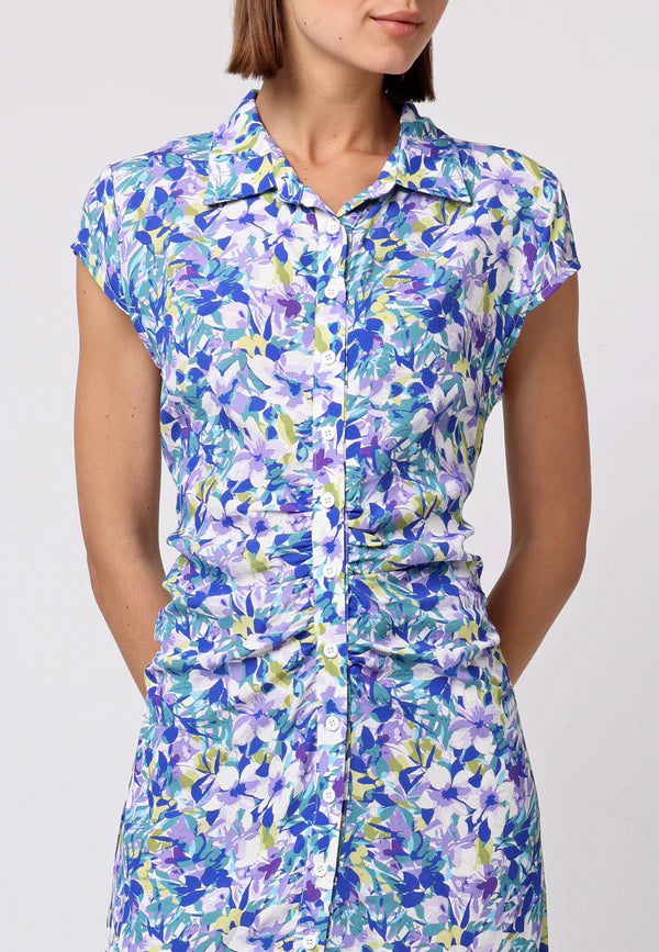 ANGELEYE JAMBOLAN FRONT RUCHED MIDI SHIRT DRESS IN FLORAL PRINT