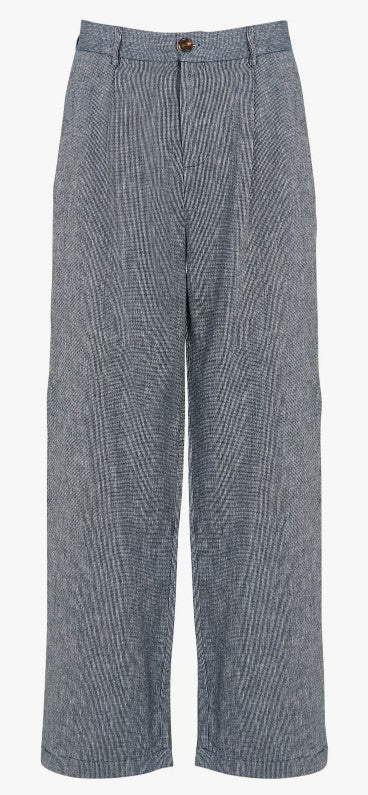THE KORNER LINEN PLEATED TROUSERS IN NAVY PATTERN