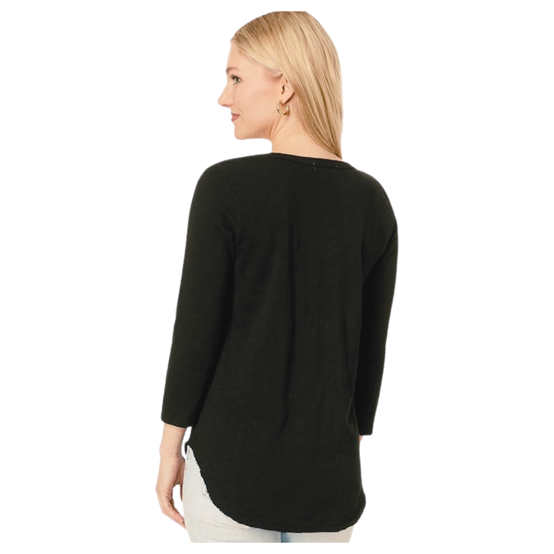 MODODOC 3/4 SLEEVE V-NECK TEE WITH CURVE HEM IN WASHED EBONY