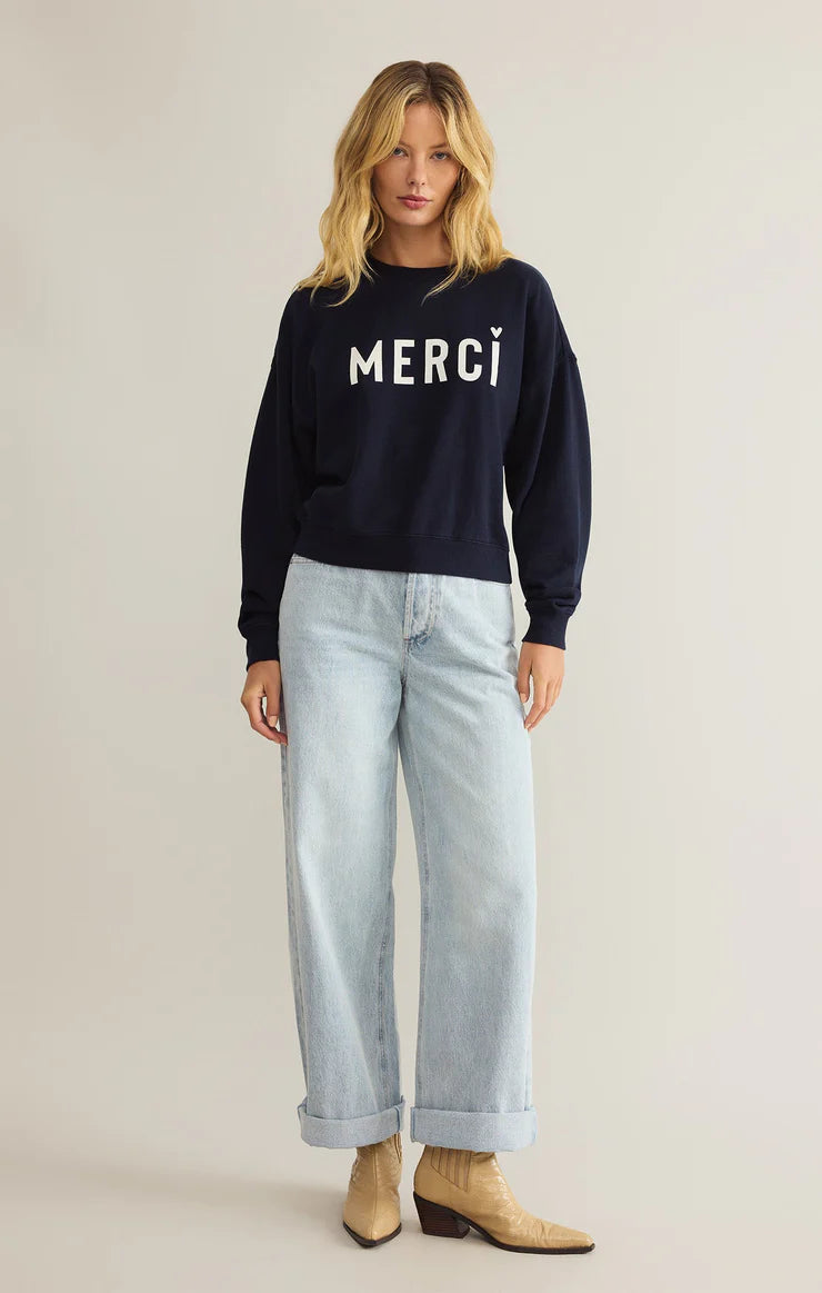 Z SUPPLY FIRST DATE MERCI SWEATSHIRT IN ECLIPSE