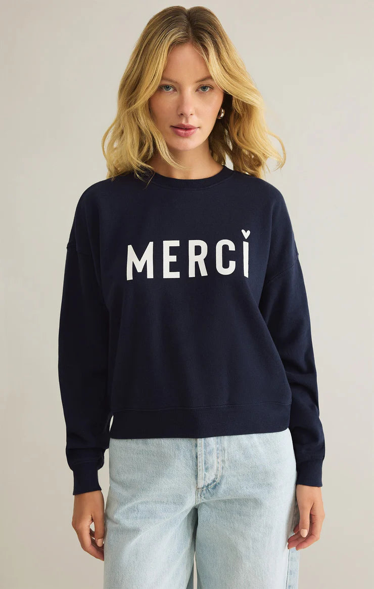Z SUPPLY FIRST DATE MERCI SWEATSHIRT IN ECLIPSE