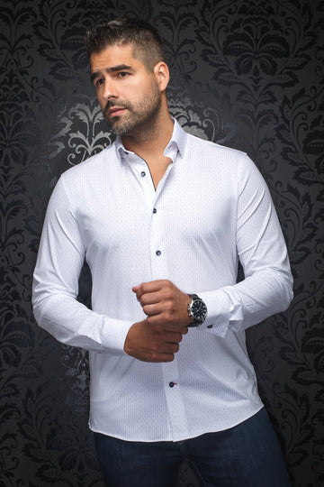 AU NOIR ALEXANDER 360° STRETCH LONG SLEEVE DRESS SHIRT IN WHITE BLUE