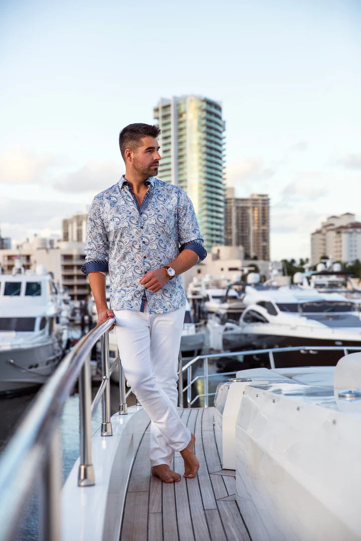 AU NOIR ALTO WOVEN LONG SLEEVE SHIRT IN WHITE BLUE