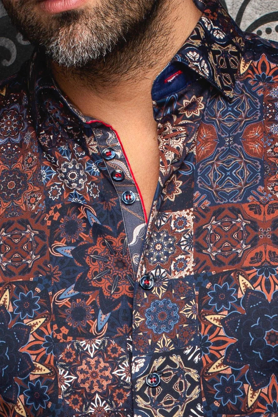 AU NOIR CLOVIS WOVEN LONG SLEEVE SHIRT IN NAVY RUST