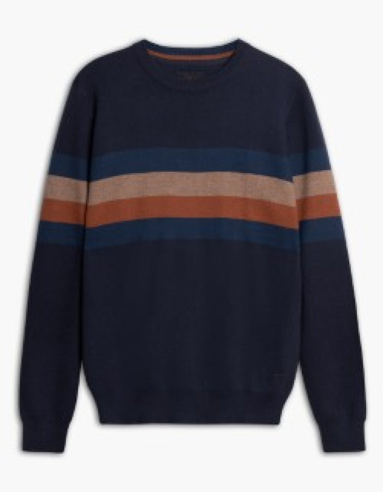 LOIS MENS WALLACE CREW NECK SWEATER IN NAVY/COGNAC STRIP