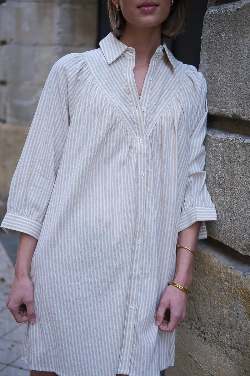 THE KORNER LONG SLEEVE TUNIC STRIPPED DRESS IN CREAM AND BEIGE